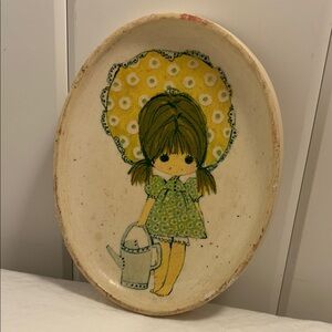 Vintage 70s girl art plaque oval chalkware
round big eye 60s boho signed Lynn